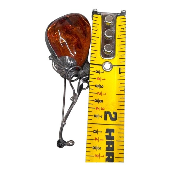 Vintage Baltic Amber Stone Brooch Sterling Silver Art Nouveau Design Pin Leaves - Picture 5 of 7